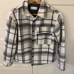 Zara Kids Neutral Plaid Button-Front Shacket in Cream, Gray & Tan
